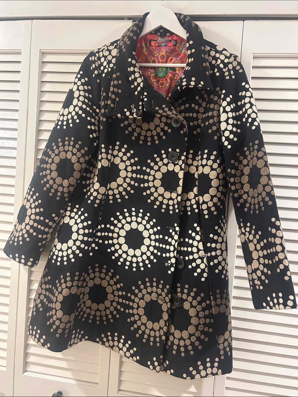 Desigual Black Trench Coat with Metallic Gold Dot Burst Print